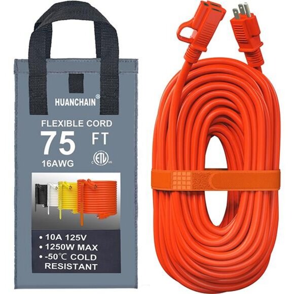 Outdoor Extension Cord 75 Foot Waterproof 16/3 Gauge 3 Prong Heavy Duty